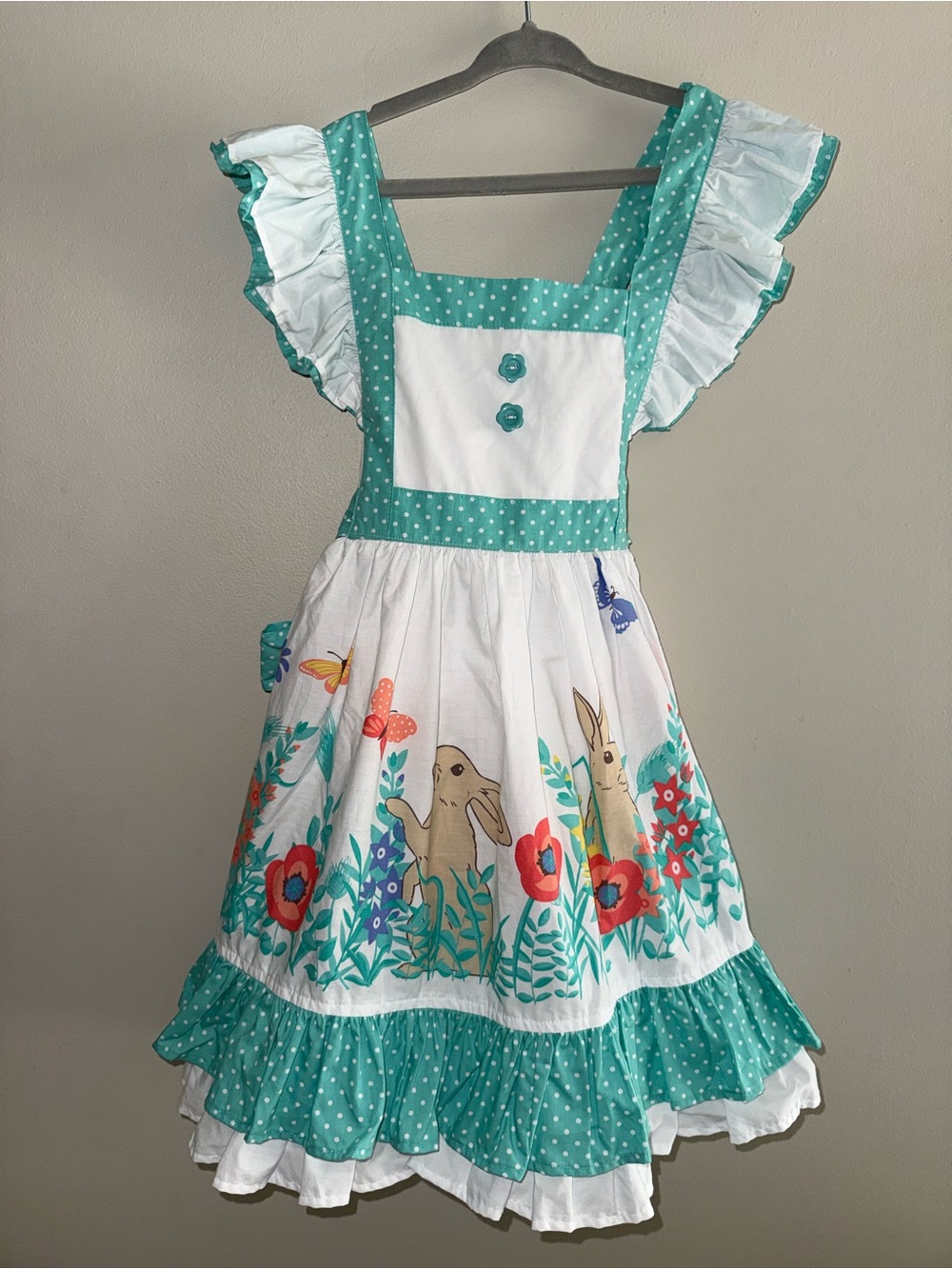 Teal Polka Dot Ruffle Sundress with Easter Bunny & Spring Floral Print Size 6/7